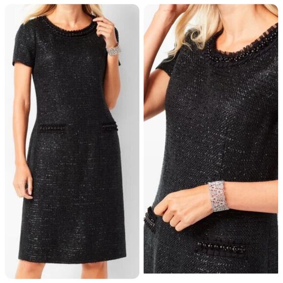 Talbots Black Shimmer Tweed Black Pearl short sleeve shift Dress women’s size 16 - Picture 1 of 15
